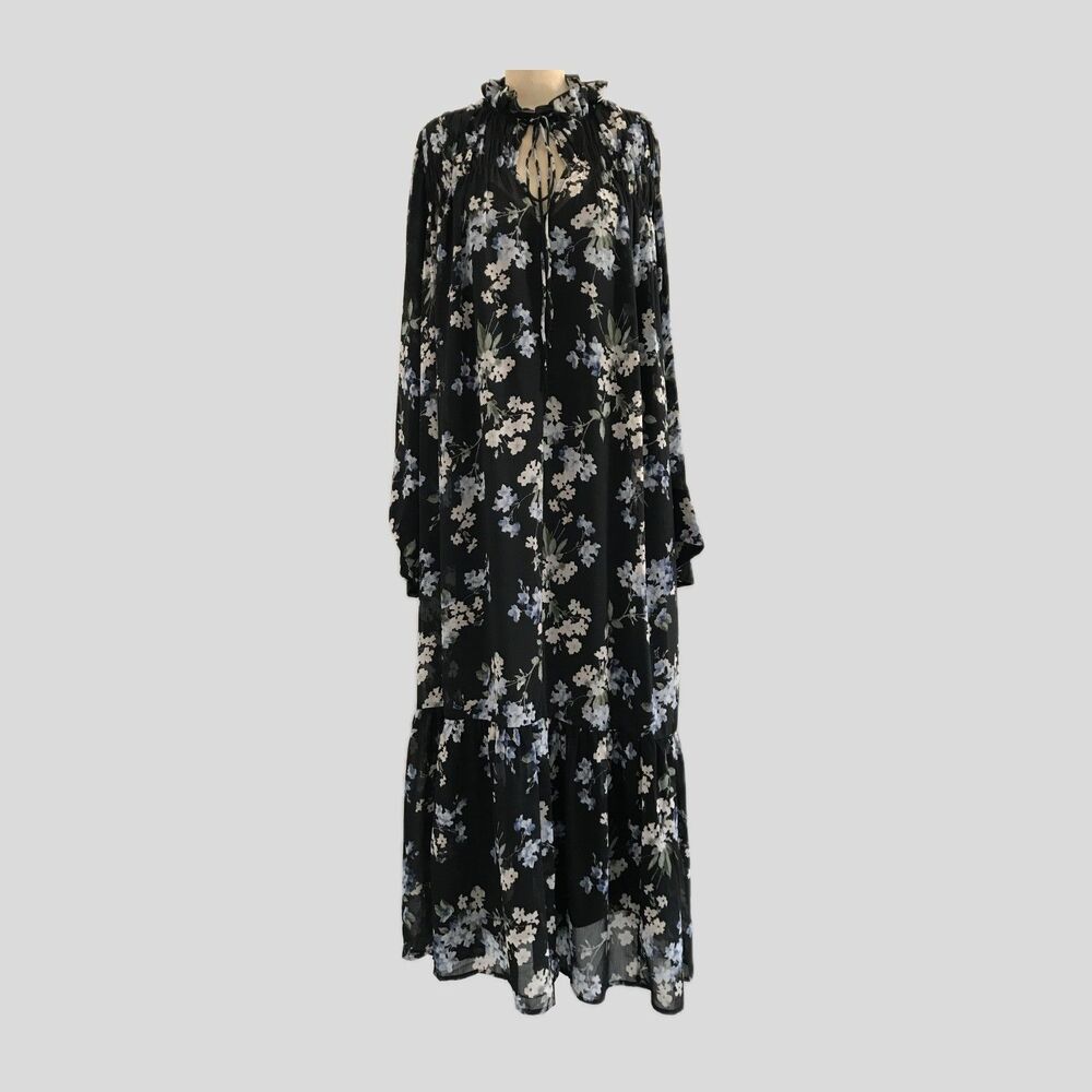 H&M Black Floral Chiffon Long Sleeve Ruffle Long Midi Dress Women's Size L